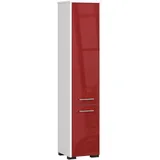 3E 3xE living.com Freistehender Badezimmerschrank: Zwei Türen, fünf Einlegeböden, Farbe: weiß | Rot glänzend, A: B: 30 cm, H: 140 cm, T: 30 cm.