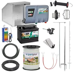 VOSS.farming Weidezaun-Starterset für Pferde/Ponys, 12 Volt auf 400 Meter, drei Reihen, ein Tor