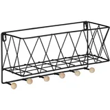 Relaxdays Wandregal mit Hakenleiste, Metall & Holz, Gitter-Design, Wandgarderobe 6 Haken, HBT: 17 x 36 x 13 cm, schwarz