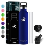 KollyKolla Thermosflasche 1 Liter, Trinkflasche Edelstahl 1L mit Strohhalm, BPA-frei Isolierflasche, Thermoskanne Kohlensäure Geeignet, Auslaufsicher Wasserflasche für Erwachsene, Sport, Fitness, Gym