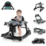 COSTWAY 6 in 1 Lauflernhilfe, Lauflernwagen klappbar mit verstellbarer Höhe & Geschwindigkeit, Baby Walker Flugzeugmotiv mit abnehmbarer Spieluhr & Esstablett, Gehfrei Baby ab 6 Monaten (Grau)