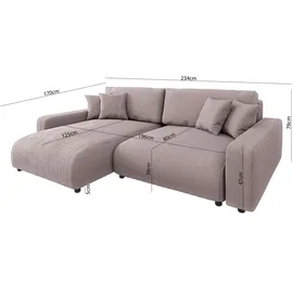 s-style möbel Leon Ecksofa mit Bettfunktion und Bettkasten Puderrosa Cord-Stoff