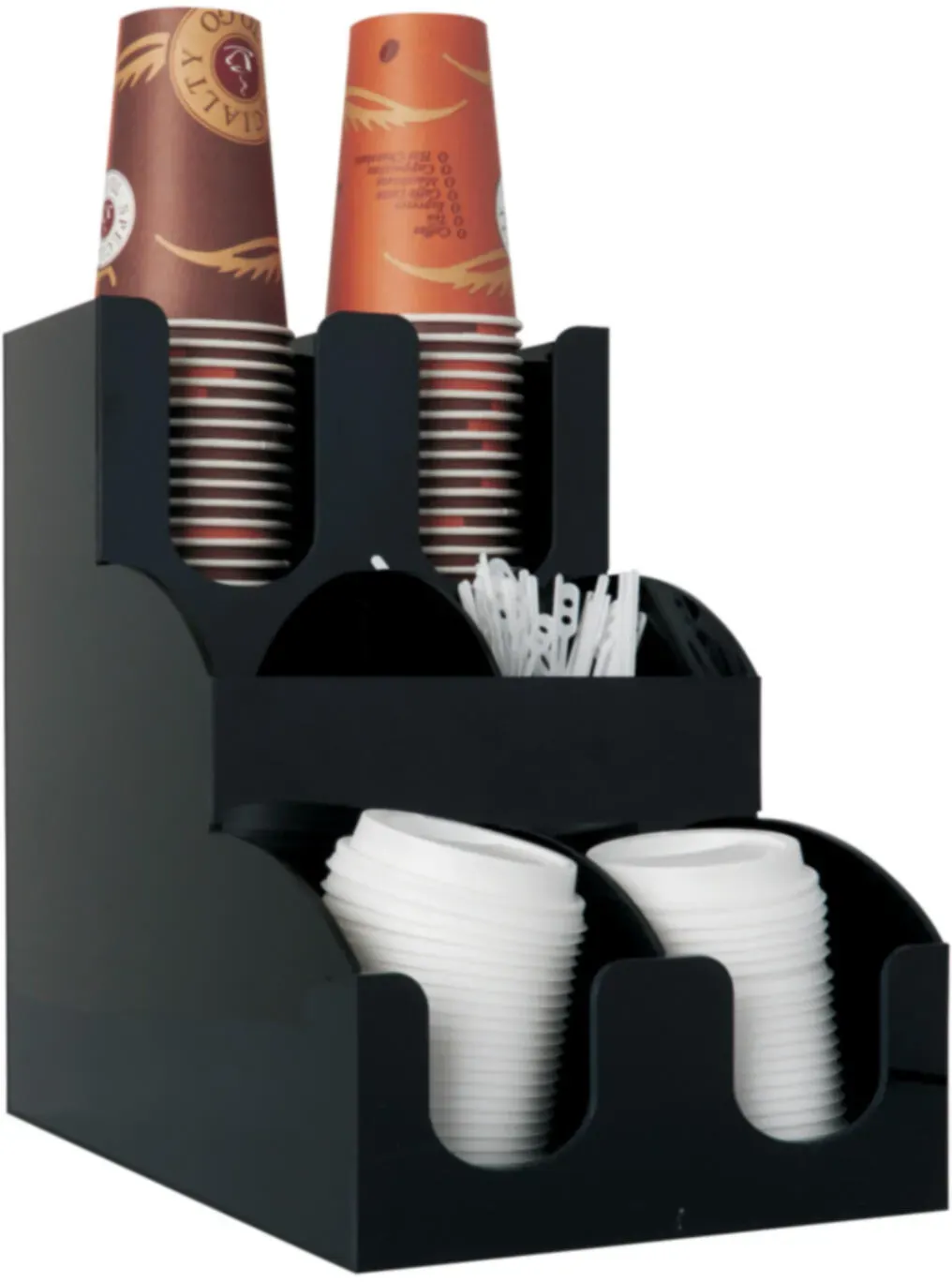Spender-System für Coffee ToGo Becher Deckel Rührstäbchen und Zubehör schwarz