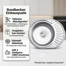 MuCoLa Edelstahlspüle rund links Einbauspüle silberfarben Handbetätigung 570 x 450 mm