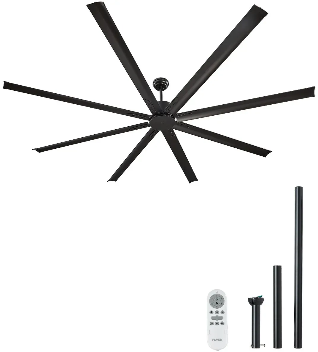 VEVOR 243 cm Deckenventilator ohne Licht, 6-Gang-Fernbedienung, 8 Flügel aus Alu, umkehrbarer Gleichstrommotor, Ventilator für Schlafzimmer, Wohnzimmer, Terrasse, Innen-/Außenbereich, schwarz