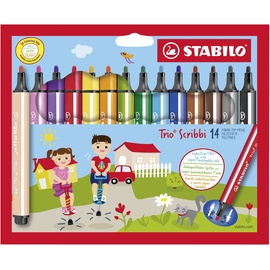 Stabilo Gefederter Dreikant-Filzstift - STABILO Trio Scribbi - 14er Pack - mit 14 verschiedenen Farben