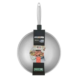 RESTO Kitchenware Wok RESTO KITCHENWARE "Crater tiefe Pfanne aus Tri-Ply (Edelstahl + Aluminium + Edelstahl)", silber (silberfarben), H:7,5cm L:51cm Ø:28cm, Pfannen, Wok, Energieeinsparung 25% durch die dreilagige Basis, ofenfest