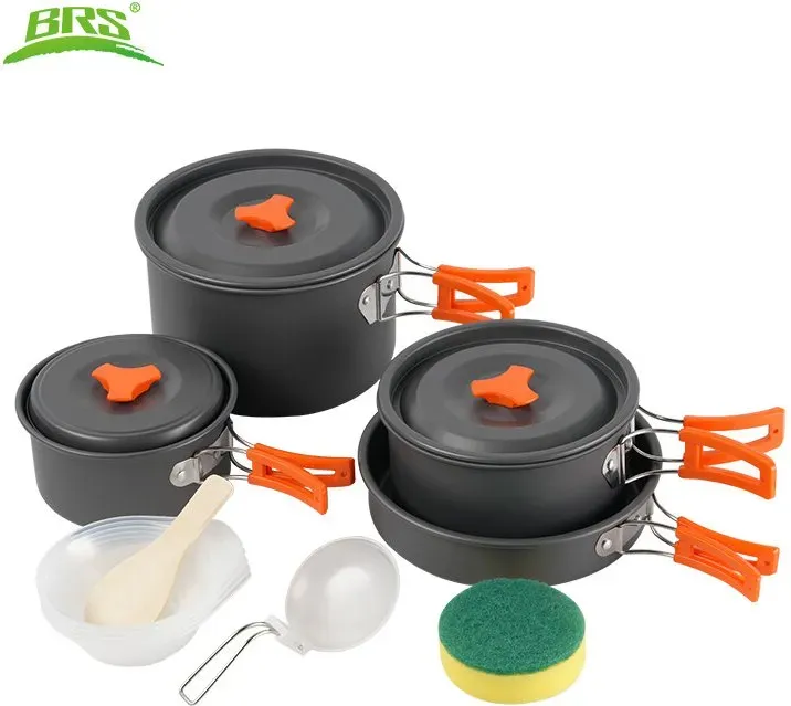 BRS 155er-Serie Camping-Kochgeschirr-Set, 2,9 L großer Topf, 1,7 L mittlere Kasserolle, 1,2 L Pannikotte, 1,3 L Bratpfanne
