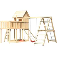 Karibu Akubi Stelzenhaus Frieda mit Doppelschaukelanbau, Klettergerüst, Anbauplattform und