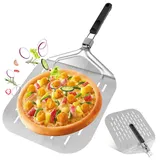 VFANDV Pizzaschieber Perforiert Aluminiumlegierung, 32x32cm Pizzaschaufel Pizzaschieber Edelstahl mit Klappbarer Griff, Profi Pizzaschaufel für den Grill Oder Ofe Pizzastein