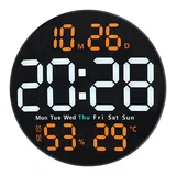 Digitale LED-Wanduhr mit Alarm, Luftfeuchtigkeits- und Temperaturanzeige, Fernbedienung, digitale Wanduhr, für Büro/Zuhause/Schule/Fitnessstudio (Orange)