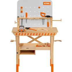 STIHL Kinderwerkbank aus Holz, FSC-zertifiziert, mit Holzwerkzeug, Halterungen für Kinderwerkzeuge, Kiefernholz & MDF