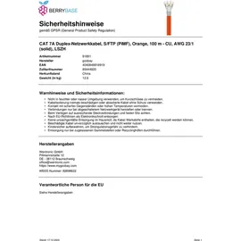 goobay CAT 7A S/FTP (PiMF), Orange, 100 m - CU, AWG 23/1 (solid), LSZH