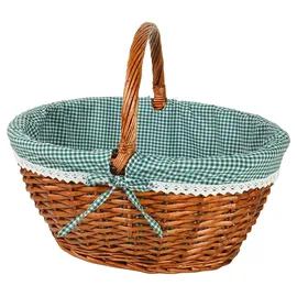Kobolo Einkaufskorb geflochten Weide -mit Textil ausgeschlagen- grün weiß kariert - 45x34x20 cm