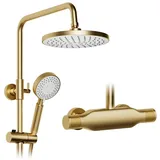 ESIP Duschsystem mit Armatur Gebürstetes Gold Duschset Regendusche Wandmontage Duscharmatur Set Höhenverstellbar Regendusche Set mit 23CM