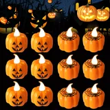 Kinyoda 12 Stück Kürbis Led Kerzen LED Teelichter Kerzen, Halloween Kürbis Teelichter mit Batterie Elektrische Flackernd LED Lämpchen Teelicht Halloween Deko/Party/Aussen/Innen, Warmes Weißes Flackern