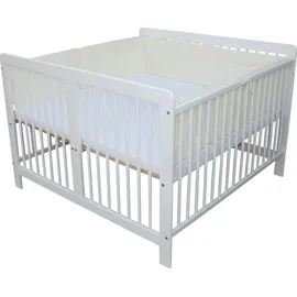 Micoland Zwillingsbett Zwillingskinderbett Kinderbett für Zwillinge massiv weiss mit 2 Matratzen 120x120cm + Nestchen beige - Weiß
