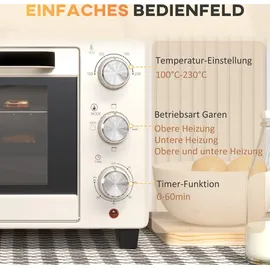 Homcom Mini Backofen 21L Pizza-Ofen, Miniofen inkl. Backblech, Grillrost und Krümmelblech, 1400W Tischbackofen mit 1h Timer, 100-230 °C, Metall, Creme