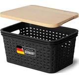 Novaliv Aufbewahrungsbox mit Holzdeckel Mini 2L Korb Schwarz in Rattan Design Lebensmittelecht Aufbewahrungskorb Stapelbox Nestbar Kunststoff BPA-f...