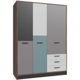 Forte Raven Bunter Kleiderschrank 144, 3-türig, 3 Schubladen, Eiche Dekor mit Grau, Schwarz, Grün, 143,8 cm B x 200 cm H x 60 cm T