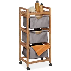 Relaxdays Badregal mit Wäschekorb, 1 offene Ablage & 3 Stoffkörbe, HBT: 96x43,5x33,5 cm, Standregal Walnuss, natur/grau