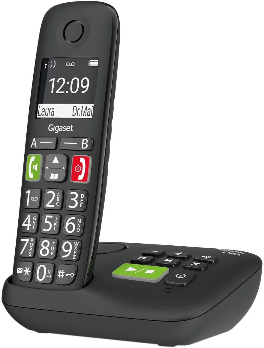 Gigaset E290A - Schnurloses Senioren-Telefon mit Anrufbeantworter und großen Tasten - großes Display, Zielwahltasten für wichtige Nummern, Verstärker-Funktion für extra lautes Hören, schwarz