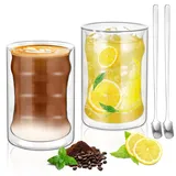 Cokaca Latte Macchiato Gläser 2er Set, 400ml Doppelwandige Kaffeegläser Teegläser Cappuccino Gläser Eiskaffee Thermogläser Doppelwandig Espressotassen Glas mit 2 Löffeln & 1 Tassenbürste