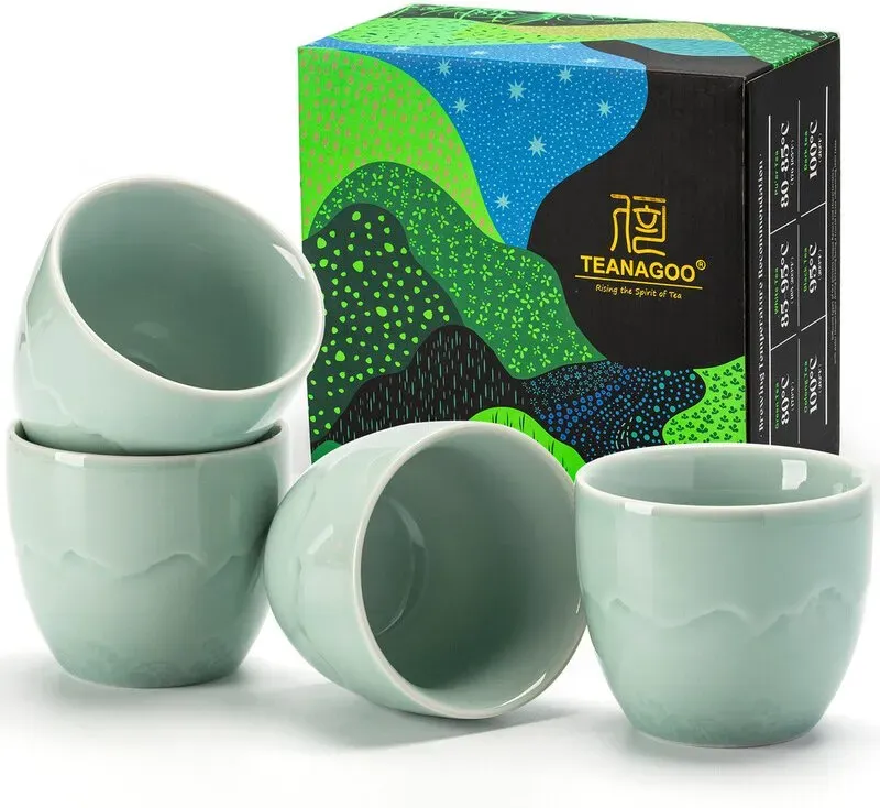 TEANAGOO Japanische Teetassen, 6.3 Unzen / 180ml, Seladon Blau, 4 Stück/Box, Ohne Henkel, Keramik, Für Japanischen & Asiatischen Tee, Neujahrsangebot, Top-Geschenkempfehlungen