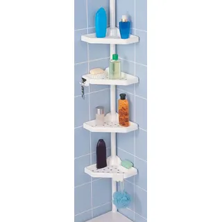 MSV Teleskop Badregal Duschecke Duschregal 4 Ablagen und Haken für Badeschwämme und Rasierer Höheverstellbar von 135 and 260 cm, White
