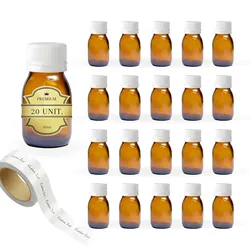Espírito rebelde 20x Leere Glasflaschen in Bernstein 30 ml mit Kunststoffdeckel + 20 Personalisierte Klebeetiketten