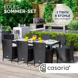 CASARIA Gartenmöbel Set 17-TLG. mit Tisch 190x90cm 8er Stühle 160kg belastbar Auflagen Wetterfest Stapelbar Polyrattan Schwarz Balkon Terrassen