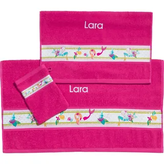 Erwin Müller Kinder-Handtuchset, Kinder-Frottierset 3-TLG. mit Namen Bestickt, Meerjungfrau pink Größe 70x110 cm + 50x70 cm + 15x21 cm - weich, saugstark - Handtuch, Badetuch, Waschhandschuh