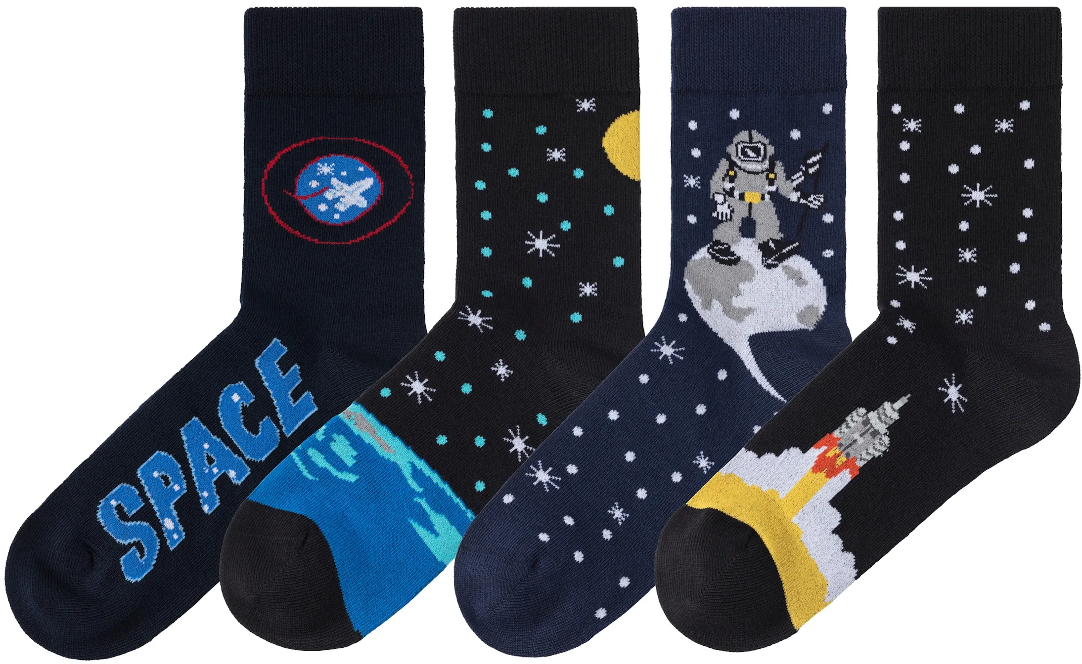 H.I.S Socken, (Packung, 4 Paar), mit eingestrickten Motiven, Gr. 39-42, 2x blau-gemustert, 2x schwarz-gemustert, , 38519748-39