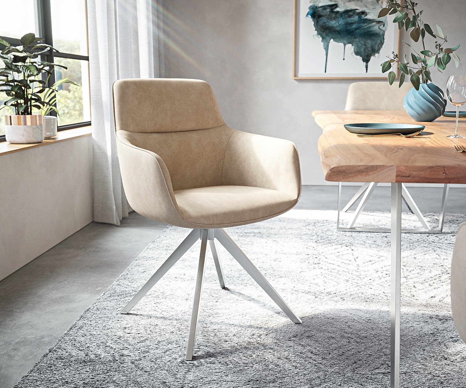 DELIFE Chaise-pivotante Pejo-Flex beige vintage cadre croisé angulaire acier inoxydable pivote sur 180°, Chaises de salle à manger