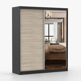 imoebel24 Schwebetürenschrank, Schwarz, Sonoma Eiche, 5 Fächer, Rechteckig, 183x218x61 cm, Schlafzimmer, Kleiderschränke, Schwebetürenschränke