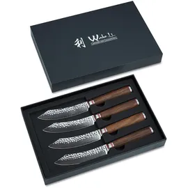 Wakoli Nussbaum 4er Damast Steakmesser-Set I 12,5 cm Klingen I Nussbaumgriffe