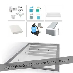 Rechteckbecken-SET 800 x 400 x 150 cm mit Treppe über gesamte Breite Weiß
