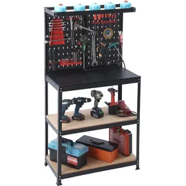 Relaxdays Werkbank, HBT: 155x80,5x41 cm, 3 Ebenen, mit Lochwand, Ablage & Zubehör, Stahl & MDF, Werkstattregal, schwarz