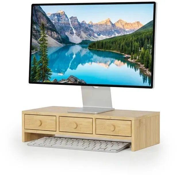 Relaxdays Monitorständer mit 3 Schubladen Hellbraun