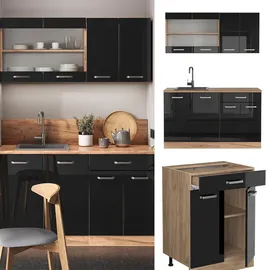 Vicco Küchenzeile R-Line 140 cm Schwarz Hochglanz Eiche
