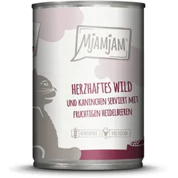 MJAMJAM Leckere Mahlzeit 400g Dose Katzennassfutter 6 x 400 Gramm herzhaftes Wild & Kaninchen an fruchtigen Heidelbeeren