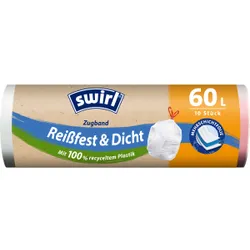 Swirl® Müllbeutel Zugband Reißfest & Dicht, 60 Liter, Abfallbeutel zum einfachen Verschließen und Tragen, 1 Rolle = 10 Stück