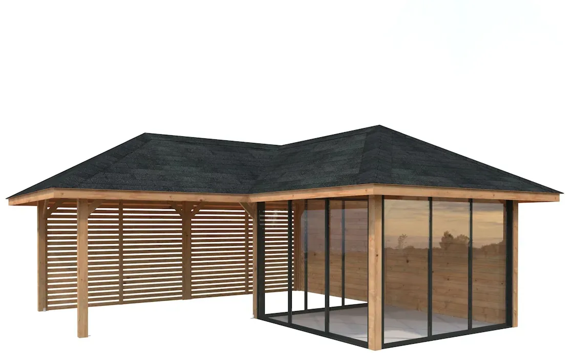 Palmako Pavillon Bianca 24,9 m2 Set 511 Slide Plus mit Isolierglas-Schiebetüren hellbraun tauchgrundiert