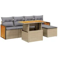 6-tlg. Garten-Sofagarnitur, modular, verstellbarer Tisch, PE-Rattan Beige, abnehmbare Kissen Hellgrau, UV-beständig - Beige