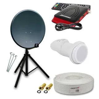 PremiumX mobile Camping Satelliten-Komplettanlage 60cm Antenne Aluminium SAT Single LNB Dreibein-Stativ Kabel Satelliten-Receiver