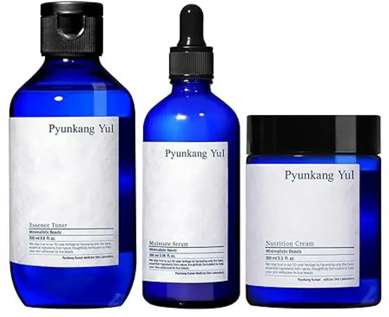 [PKY] Pyunkang Yul Basis Hautpflege Geschenkset, Hochkonzentrierter Essence Toner, Feuchtigkeitsspendendes Serum und Gesichtspflege mit Reichhaltiger Nährung (3-teiliges Set)