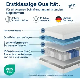 AM Qualitätsmatratzen | Premium Gelschaum-Taschenfederkernmatratze - 100x200 cm - H3 - 1000 Federn