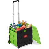 Relaxdays Einkaufstrolley, Klapptrolley mit Rollen & Deckel, Teleskopgriff, bis 35 kg, Faltbarer Trolley, grün/schwarz