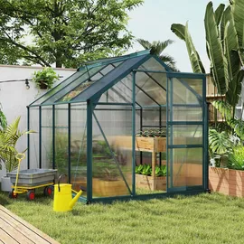 Outsunny Gewächshaus mit Aluminiumrahmen Treibhaus mit Dachfenster, Tür, Fundament, begehbar, Witterungsbeständig, 190x252x201cm Aosom