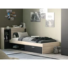 Demeyere Lit 90x190/200 Avec Rangement 1 Porte 3 Niches 1 tiroir – Noir Mat und Chêne Clair -124,5 x 226,9 x 90,5 cm, Eichenbürste/Mattschwarz, Eichenbürste/Mattschwarz